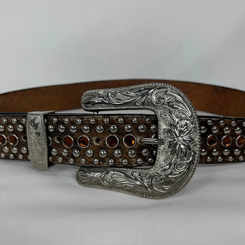 Western Brown Calf Hair Rhinestone Studded Belt – Silver Ornate Buckle (Size 32)